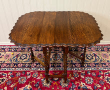 Load image into Gallery viewer, Antique English Table Drop Leaf Gateleg Pie Crust Top Barley Twist Oak c. 1930s