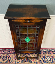 Load image into Gallery viewer, Antique English Arts &amp; Crafts Oak Leaded Stained Glass Bookcase Cabinet c.1930s