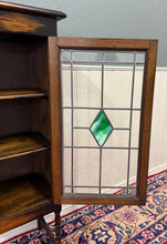 Load image into Gallery viewer, Antique English Arts &amp; Crafts Oak Leaded Stained Glass Bookcase Cabinet c.1930s