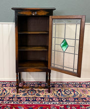 Load image into Gallery viewer, Antique English Arts &amp; Crafts Oak Leaded Stained Glass Bookcase Cabinet c.1930s