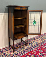 Load image into Gallery viewer, Antique English Arts &amp; Crafts Oak Leaded Stained Glass Bookcase Cabinet c.1930s