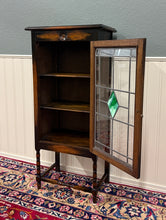 Load image into Gallery viewer, Antique English Arts &amp; Crafts Oak Leaded Stained Glass Bookcase Cabinet c.1930s