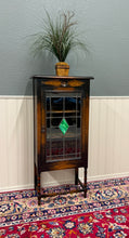 Load image into Gallery viewer, Antique English Arts &amp; Crafts Oak Leaded Stained Glass Bookcase Cabinet c.1930s