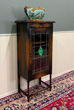Load image into Gallery viewer, Antique English Arts &amp; Crafts Oak Leaded Stained Glass Bookcase Cabinet c.1930s