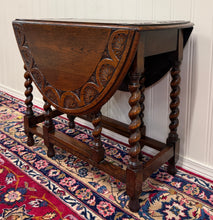 Load image into Gallery viewer, Antique English Table Drop Leaf Gateleg CARVED TOP Barley Twist Oak c. 1920-30s