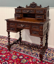 Load image into Gallery viewer, Antique French Petite Barley Twist Desk Carved Oak Renaissance Revival c.1890