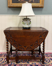 Load image into Gallery viewer, Antique English Table Drop Leaf Gateleg CARVED TOP Barley Twist Oak c. 1920-30s