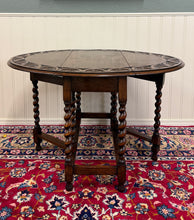 Load image into Gallery viewer, Antique English Table Drop Leaf Gateleg CARVED TOP Barley Twist Oak c. 1920-30s
