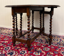 Load image into Gallery viewer, Antique English Table Drop Leaf Gateleg CARVED TOP Barley Twist Oak c. 1920-30s
