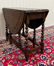 Load image into Gallery viewer, Antique English Table Drop Leaf Gateleg CARVED TOP Barley Twist Oak c. 1920-30s