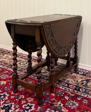 Load image into Gallery viewer, Antique English Table Drop Leaf Gateleg CARVED TOP Barley Twist Oak c. 1920-30s