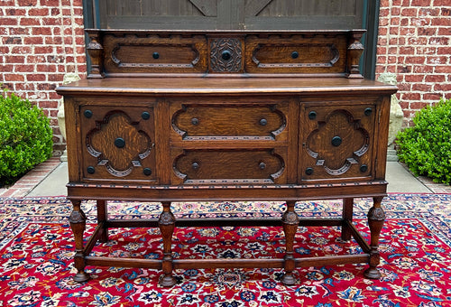 Antique English Jacobean Sideboard Server Buffet Bow Front Carved Oak c. 1920s