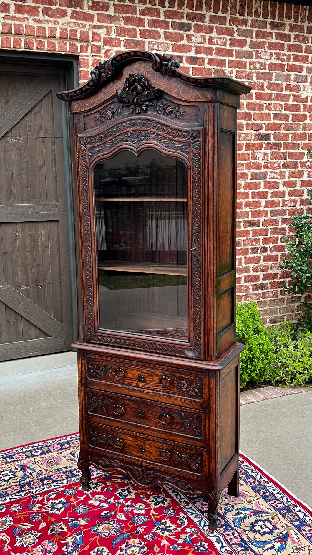 Antique French Vitrine Over Chest of Drawers Bonnetiere Bookcase Oak Carved 19C