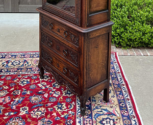 Antique French Vitrine Over Chest of Drawers Bonnetiere Bookcase Oak Carved 19C