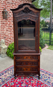 Antique French Vitrine Over Chest of Drawers Bonnetiere Bookcase Oak Carved 19C