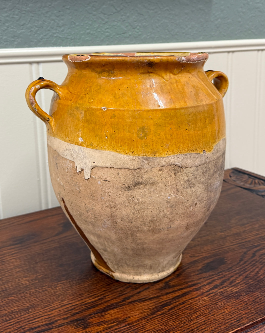 Antique French Country Confit Pot Pottery Jug Glazed Ochre Yellow Large