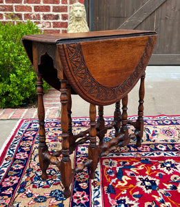 Antique English Table Drop Leaf Gateleg Turned Post Carved Top Oak Oval