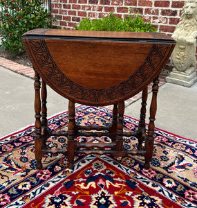 Antique English Table Drop Leaf Gateleg Turned Post Carved Top Oak Oval