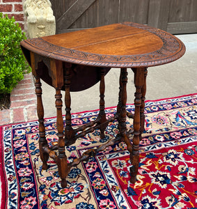 Antique English Table Drop Leaf Gateleg Turned Post Carved Top Oak Oval