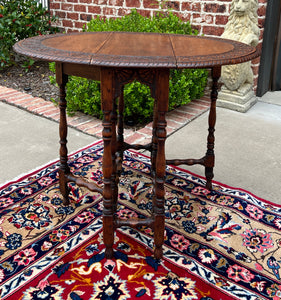 Antique English Table Drop Leaf Gateleg Turned Post Carved Top Oak Oval