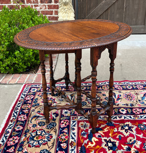 Antique English Table Drop Leaf Gateleg Turned Post Carved Top Oak Oval