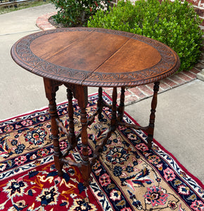 Antique English Table Drop Leaf Gateleg Turned Post Carved Top Oak Oval