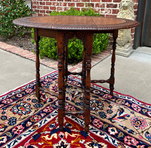 Antique English Table Drop Leaf Gateleg Turned Post Carved Top Oak Oval