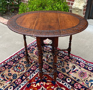 Antique English Table Drop Leaf Gateleg Turned Post Carved Top Oak Oval