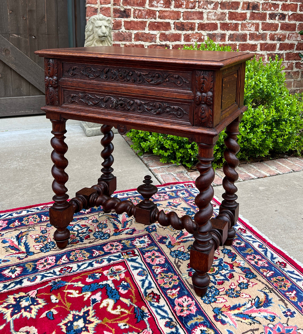 Antique French BARLEY TWIST Jewelry Chest Side End Table Sewing Box Oak 19thC