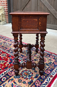 Antique French BARLEY TWIST Jewelry Chest Side End Table Sewing Box Oak 19thC