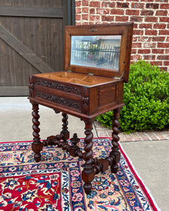 Antique French BARLEY TWIST Jewelry Chest Side End Table Sewing Box Oak 19thC