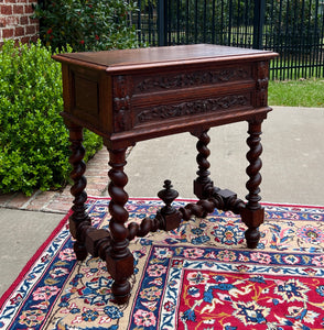 Antique French BARLEY TWIST Jewelry Chest Side End Table Sewing Box Oak 19thC