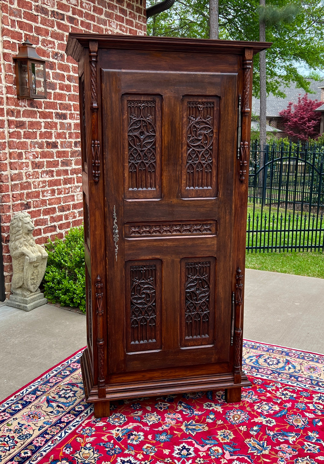 Antique French Armoire Wardrobe Cabinet Linen Closet Gothic Revival Oak c. 1880s