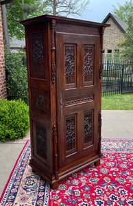 Antique French Armoire Wardrobe Cabinet Linen Closet Gothic Revival Oak c. 1880s