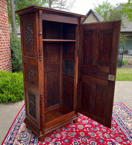 Antique French Armoire Wardrobe Cabinet Linen Closet Gothic Revival Oak c. 1880s