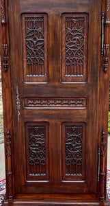 Antique French Armoire Wardrobe Cabinet Linen Closet Gothic Revival Oak c. 1880s