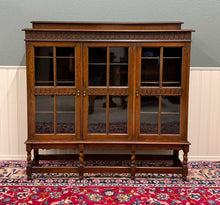 Load image into Gallery viewer, Antique English Jacobean Bookcase Bookshelf Cabinet Triple Glass Door Oak c1930s