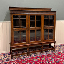 Load image into Gallery viewer, Antique English Jacobean Bookcase Bookshelf Cabinet Triple Glass Door Oak c1930s