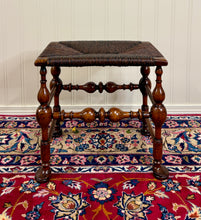Load image into Gallery viewer, Antique English Rush Seat Bench Stool Joint Stool Turned Leg Carved Oak c. 1930s