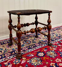 Load image into Gallery viewer, Antique English Rush Seat Bench Stool Joint Stool Turned Leg Carved Oak c. 1930s
