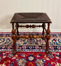 Load image into Gallery viewer, Antique English Rush Seat Bench Stool Joint Stool Turned Leg Carved Oak c. 1930s
