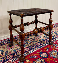 Load image into Gallery viewer, Antique English Rush Seat Bench Stool Joint Stool Turned Leg Carved Oak c. 1930s