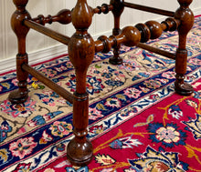 Load image into Gallery viewer, Antique English Rush Seat Bench Stool Joint Stool Turned Leg Carved Oak c. 1930s