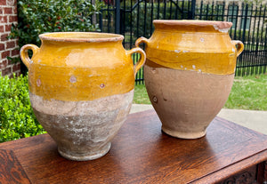 Antique French Country PAIR Confit Pots Pottery Jugs Glazed Ochre Yellow Large