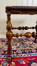 Load image into Gallery viewer, Antique English Rush Seat Bench Stool Joint Stool Turned Leg Carved Oak c. 1930s