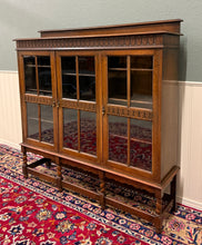 Load image into Gallery viewer, Antique English Jacobean Bookcase Bookshelf Cabinet Triple Glass Door Oak c1930s