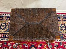 Load image into Gallery viewer, Antique English Rush Seat Bench Stool Joint Stool Turned Leg Carved Oak c. 1930s