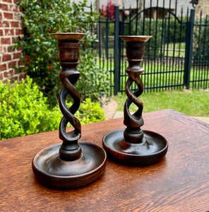 Antique English Open Barley Twist Candlesticks Candle Holders Oak PAIR 9" Tall