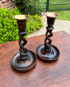 Antique English Open Barley Twist Candlesticks Candle Holders Oak PAIR 9" Tall