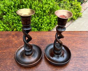 Antique English Open Barley Twist Candlesticks Candle Holders Oak PAIR 9" Tall